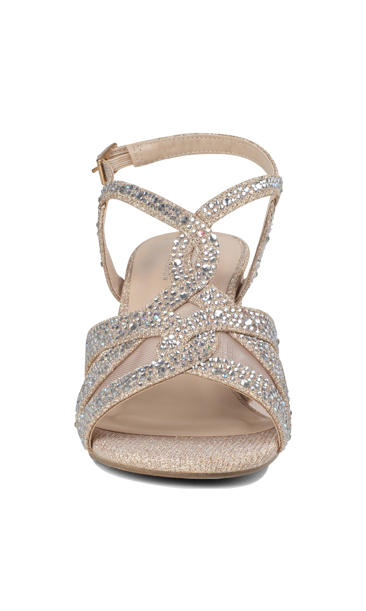 Front view of Nadia Champagne Prom Shoes: Paradox London P2207, a women’s open-toe sandal in light gold with glittering crisscross straps and an ankle strap, featuring stylish block heels for comfort—perfect for prom or special occasions.